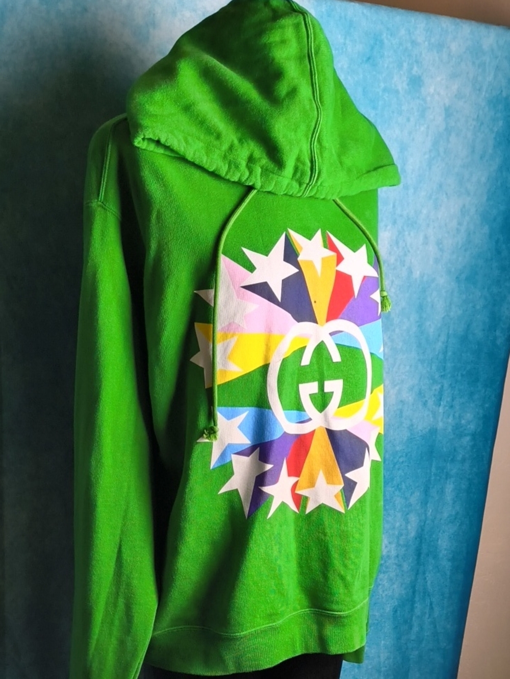 Gucci Multicolor Logo Starburst Rainbow Green Sweatshirt Hoodie Sz. M